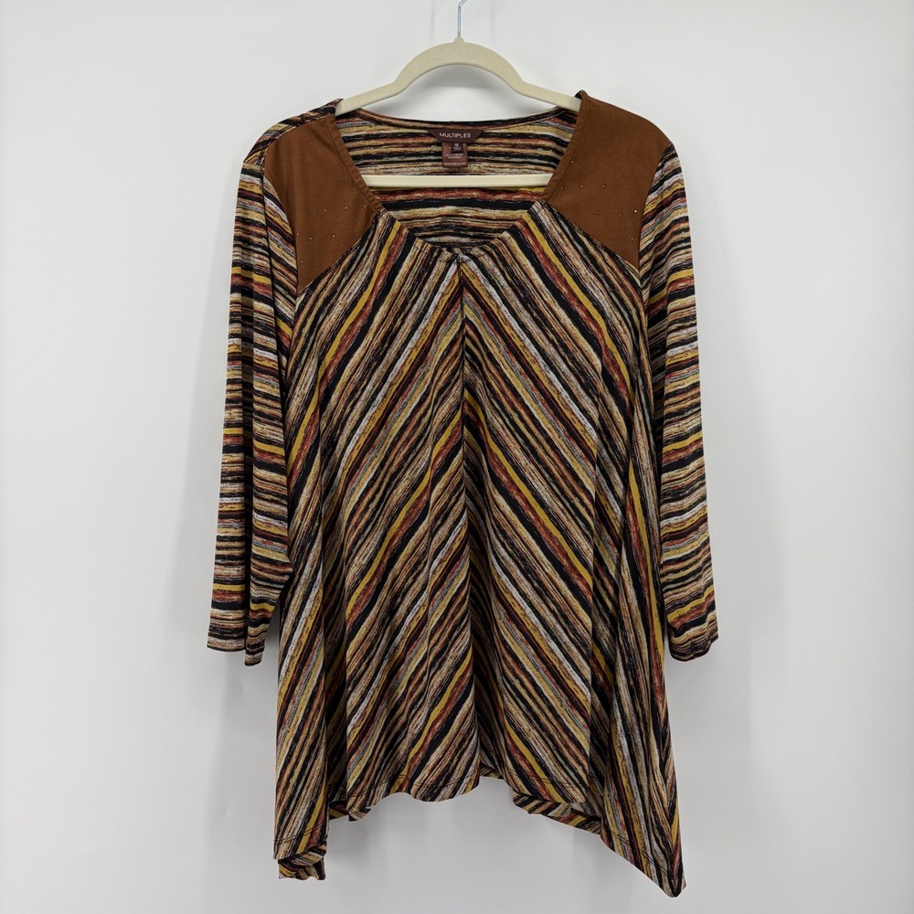 Multiples Size 1X Multicolor Striped Tunic Sharkbite Hem 3/4 Sleeve Top Studded